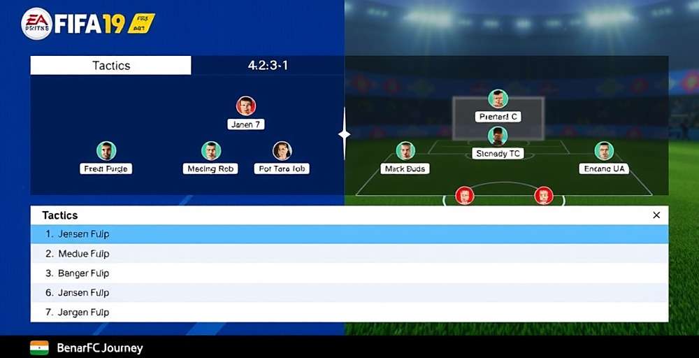 Tactics screen in FIFA 19: Bengaluru FC Journey showing the 4-2-3-1 formation favored by Bengaluru FC with Indian player names