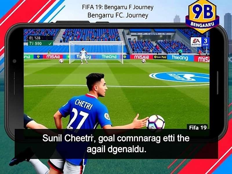 FIFA 19: Bengaluru FC Journey mobile gameplay showing Sunil Chhetri scoring a goal with Kannada commentary text